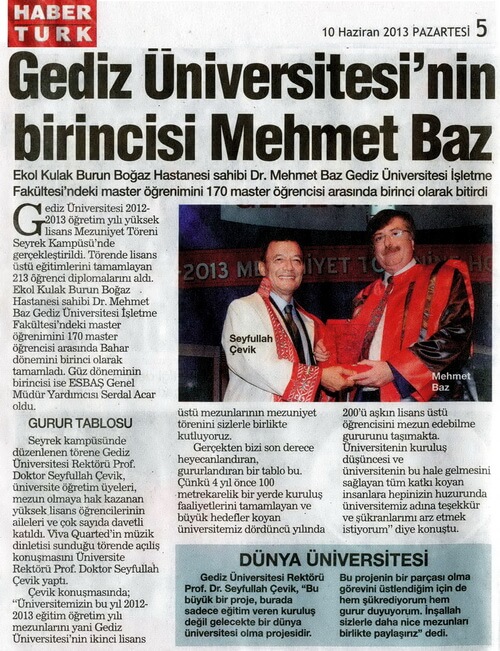 Gediz üniversitesinin birincisi Mehmet Baz